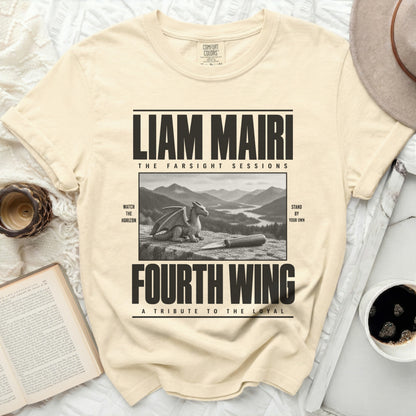 Cream t-shirt with "Liam Mairi Fourth Wing" text and dragon graphic.
