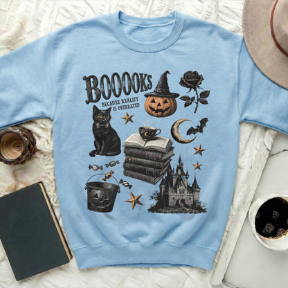 Light blue sweatshirt with spooky Halloween themed graphic and text.