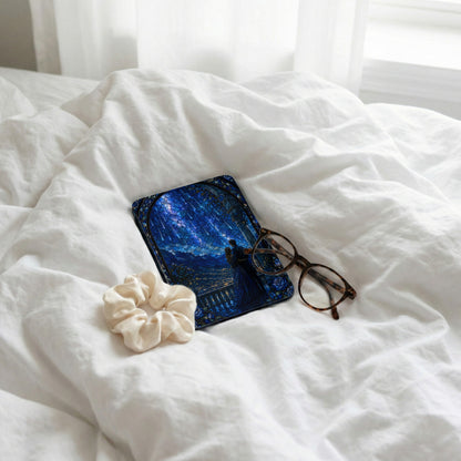 Stained glass art tablet, glasses, and scrunchie on white linen.