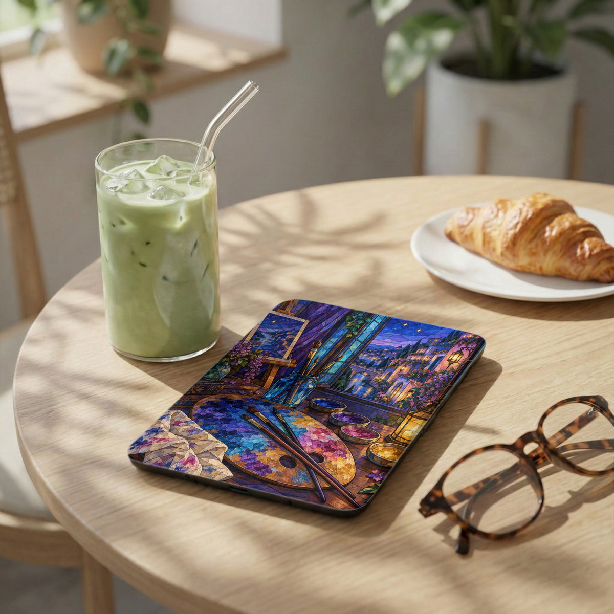 Tablet case with stained glass art of a cityscape and art supplies, next to a drink.