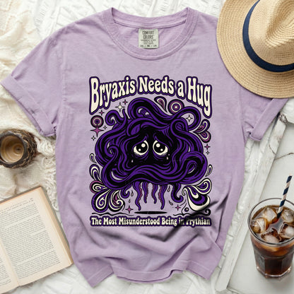 Lavender t-shirt with purple "Bryaxis Needs a Hug" graphic.