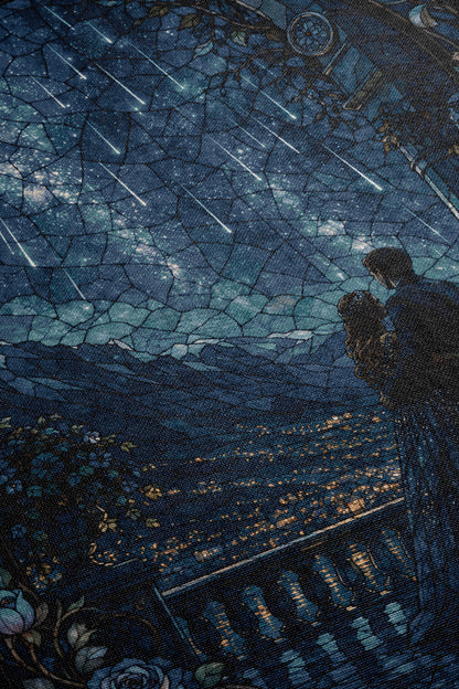a night scene with a cityscape and a starry sky.