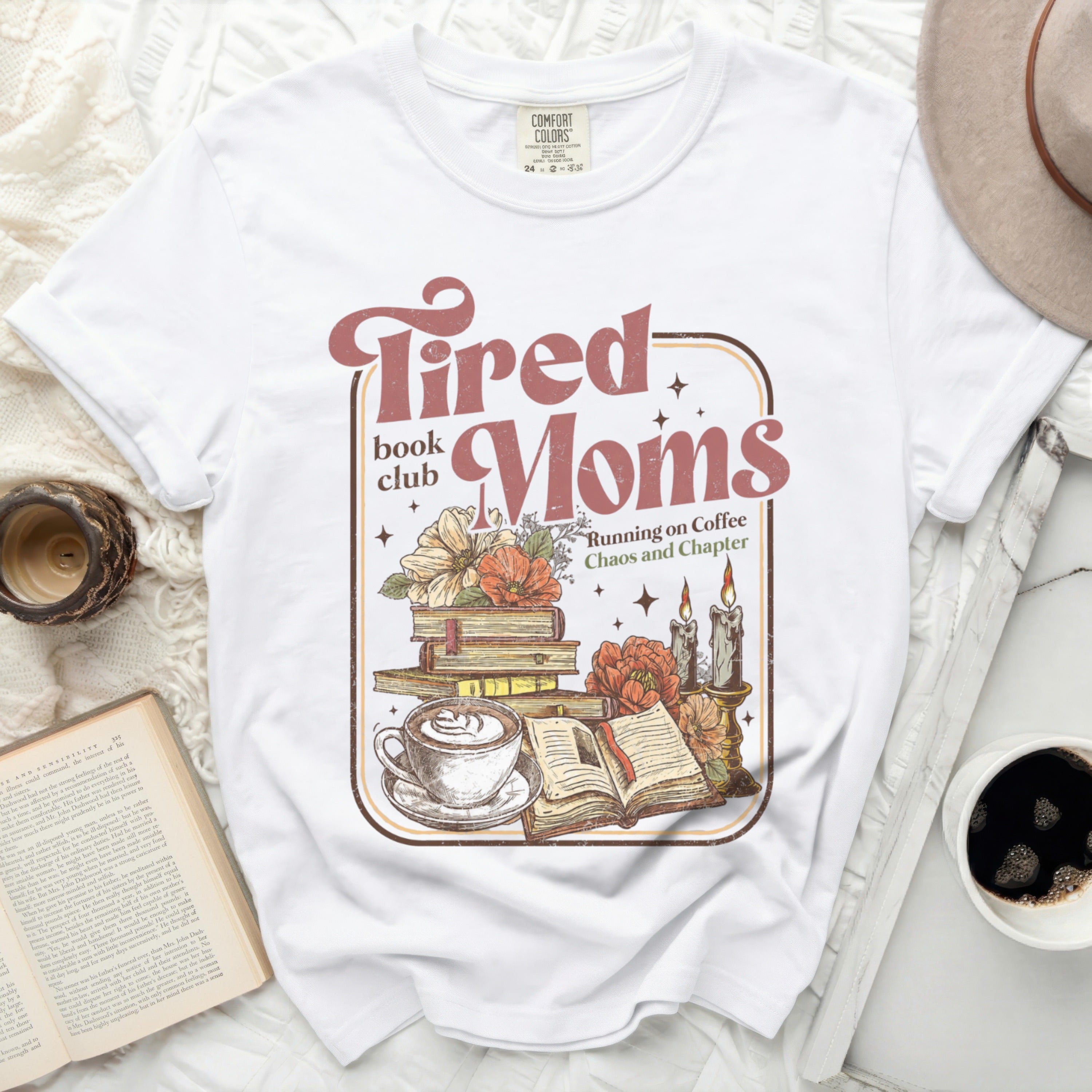 Tired Moms book club graphic with books, coffee, and candles.