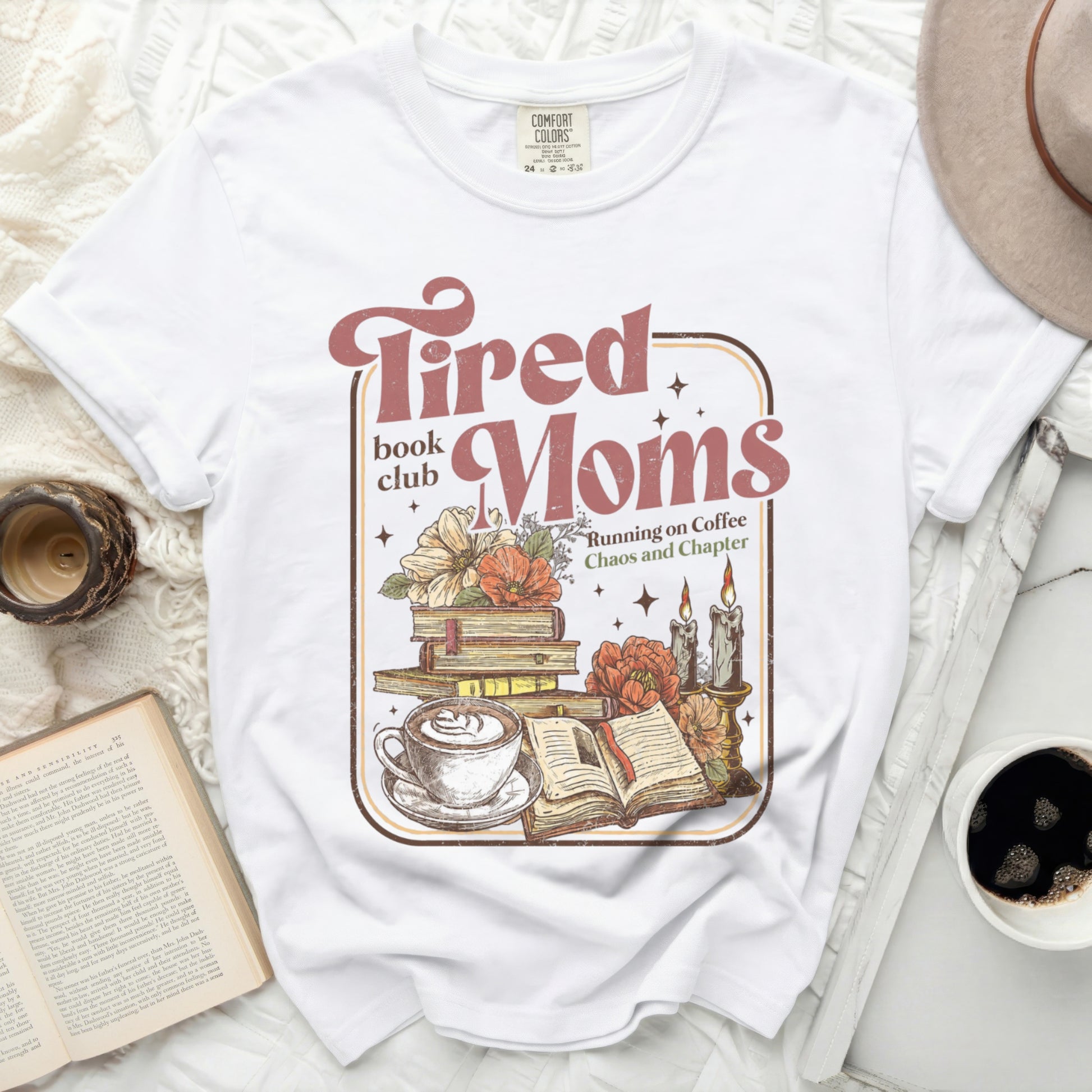 Tired Moms book club graphic with books, coffee, and candles.