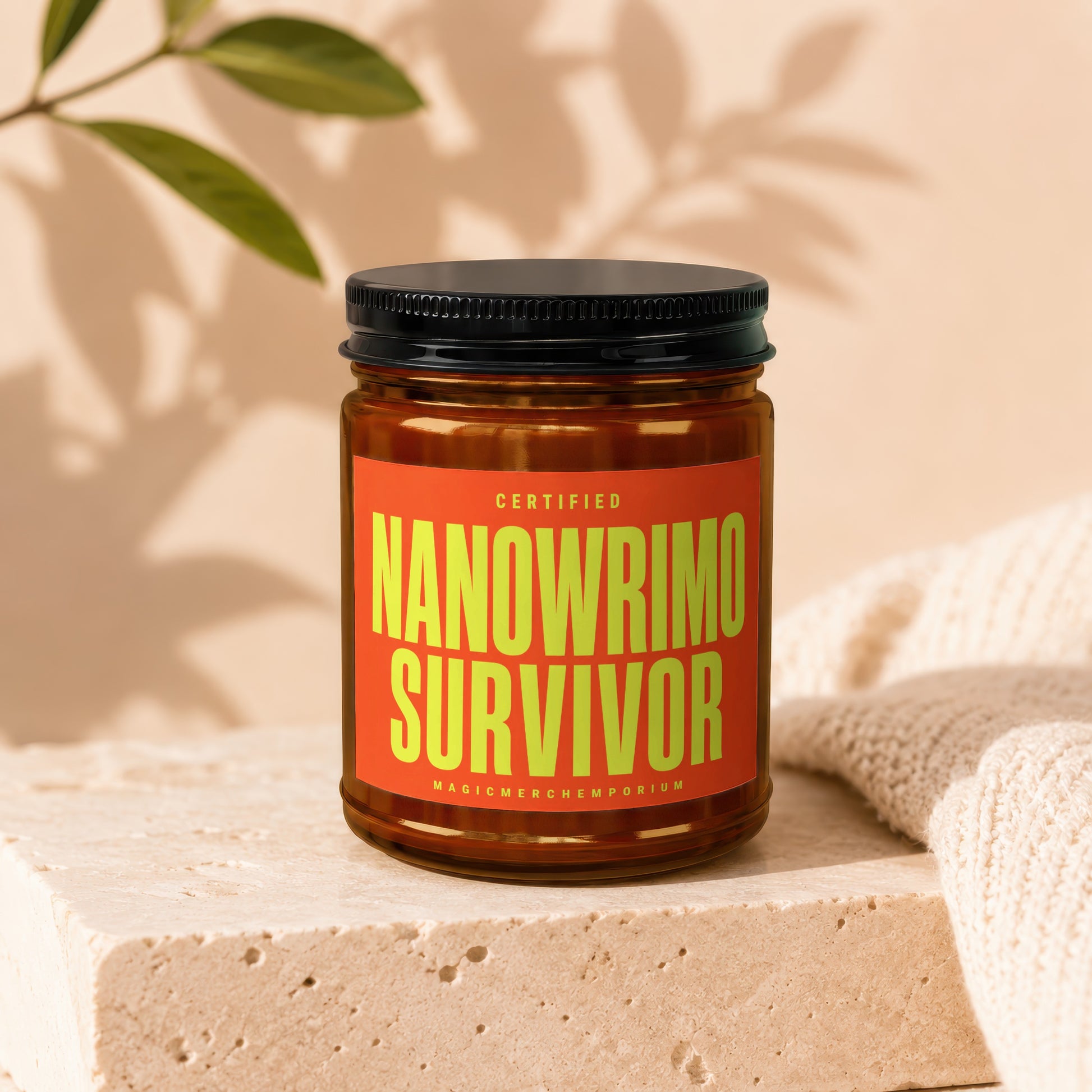 Amber jar with orange label reading "Certified Nanowrimo Survivor".