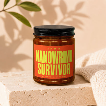 Amber jar with orange label reading "Certified Nanowrimo Survivor".