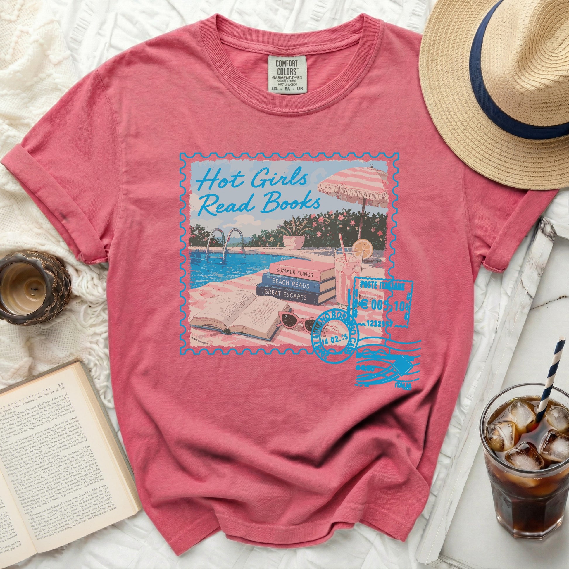 T-shirt with "Hot Girls Read Books" stamp design and poolside illustration.