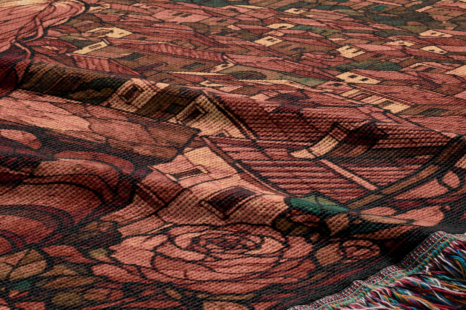 The image is a close-up of a textured fabric with a floral pattern, featuring a rose and other floral elements.