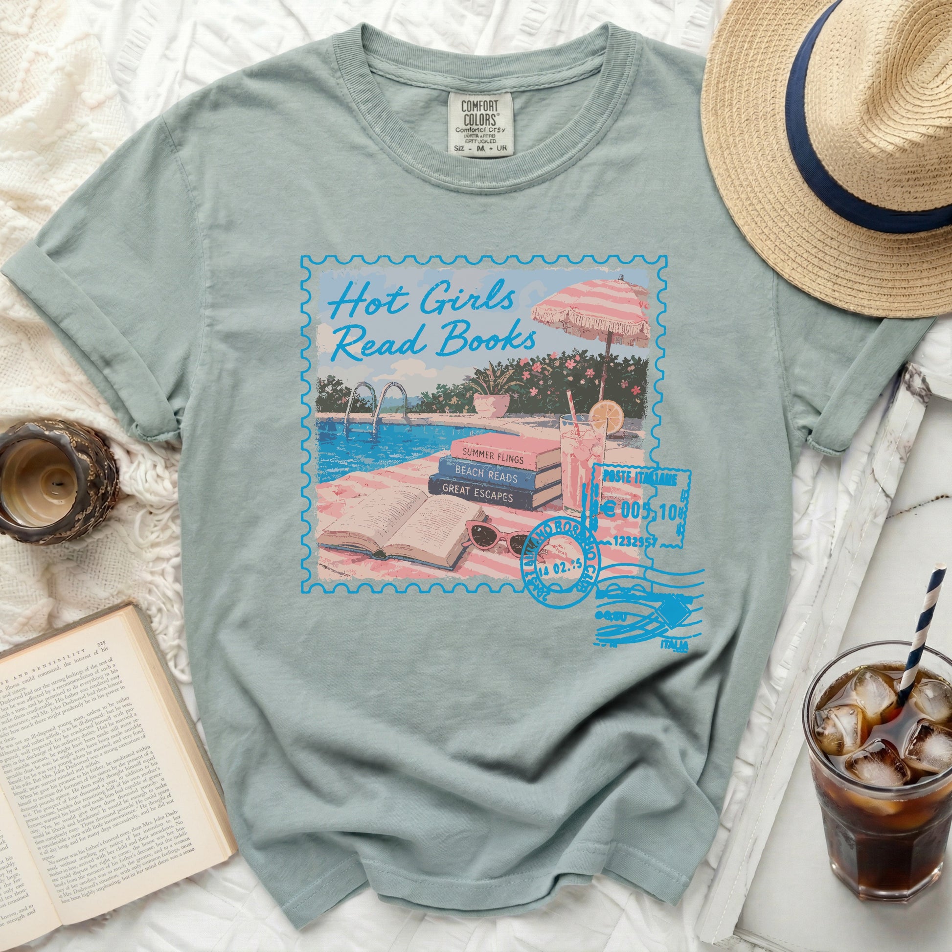 Light blue t-shirt with "Hot Girls Read Books" in a postage stamp design.