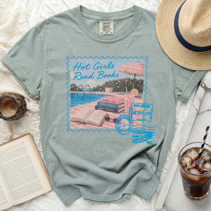 Light blue t-shirt with "Hot Girls Read Books" in a postage stamp design.