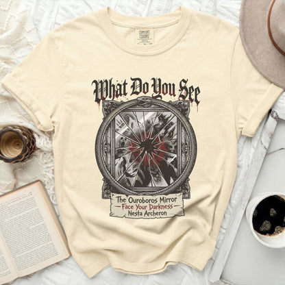Cream t-shirt with "What Do You See" and Ouroboros mirror design, "Nesta Archeron."