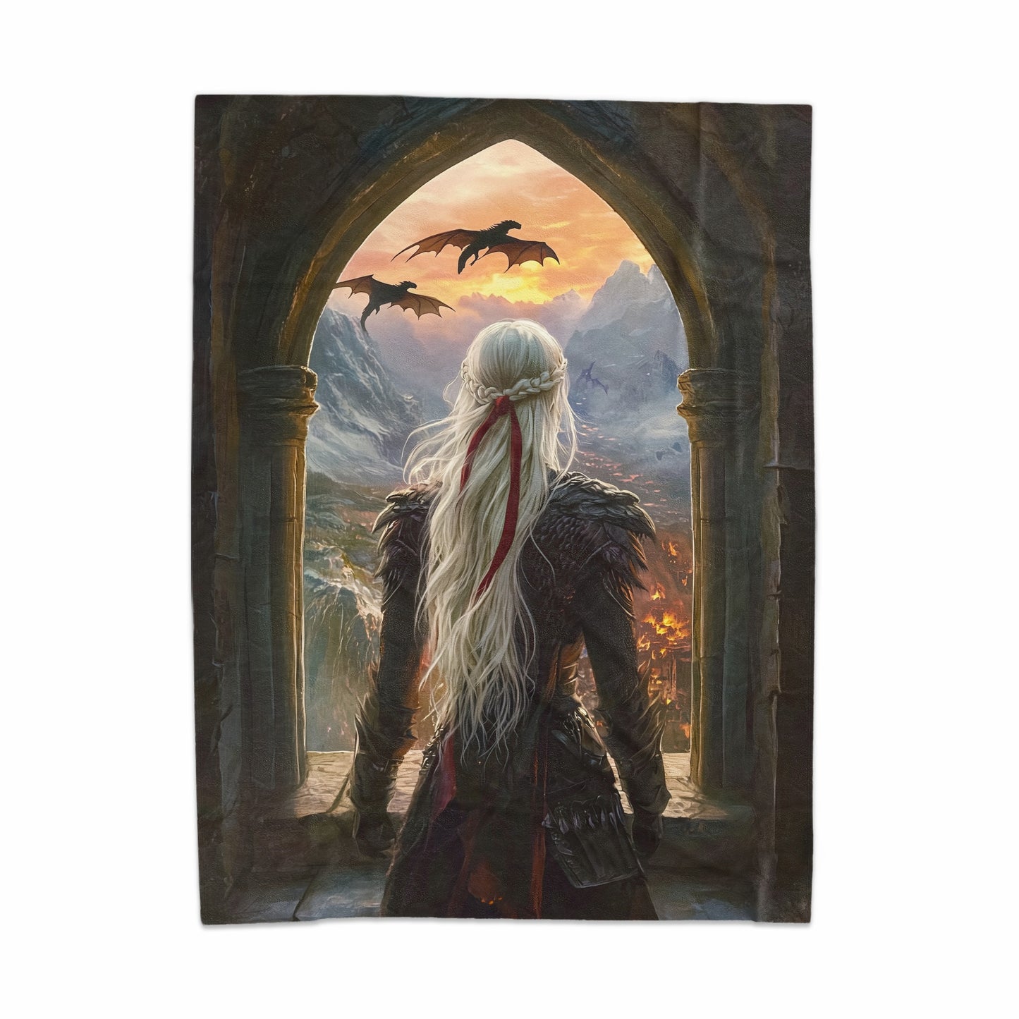 Fantasy Dragon Sunset with Warrior Display Blanket