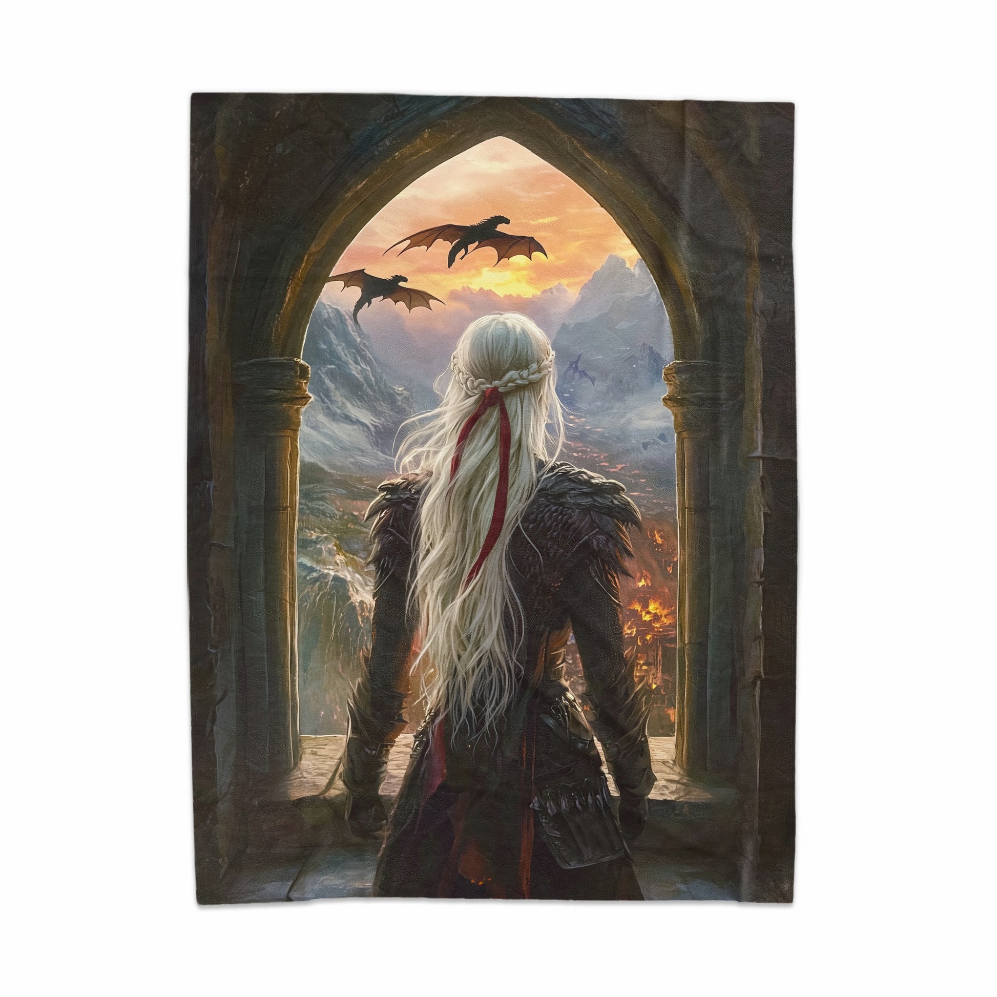 Fantasy Dragon Sunset with Warrior Display Blanket