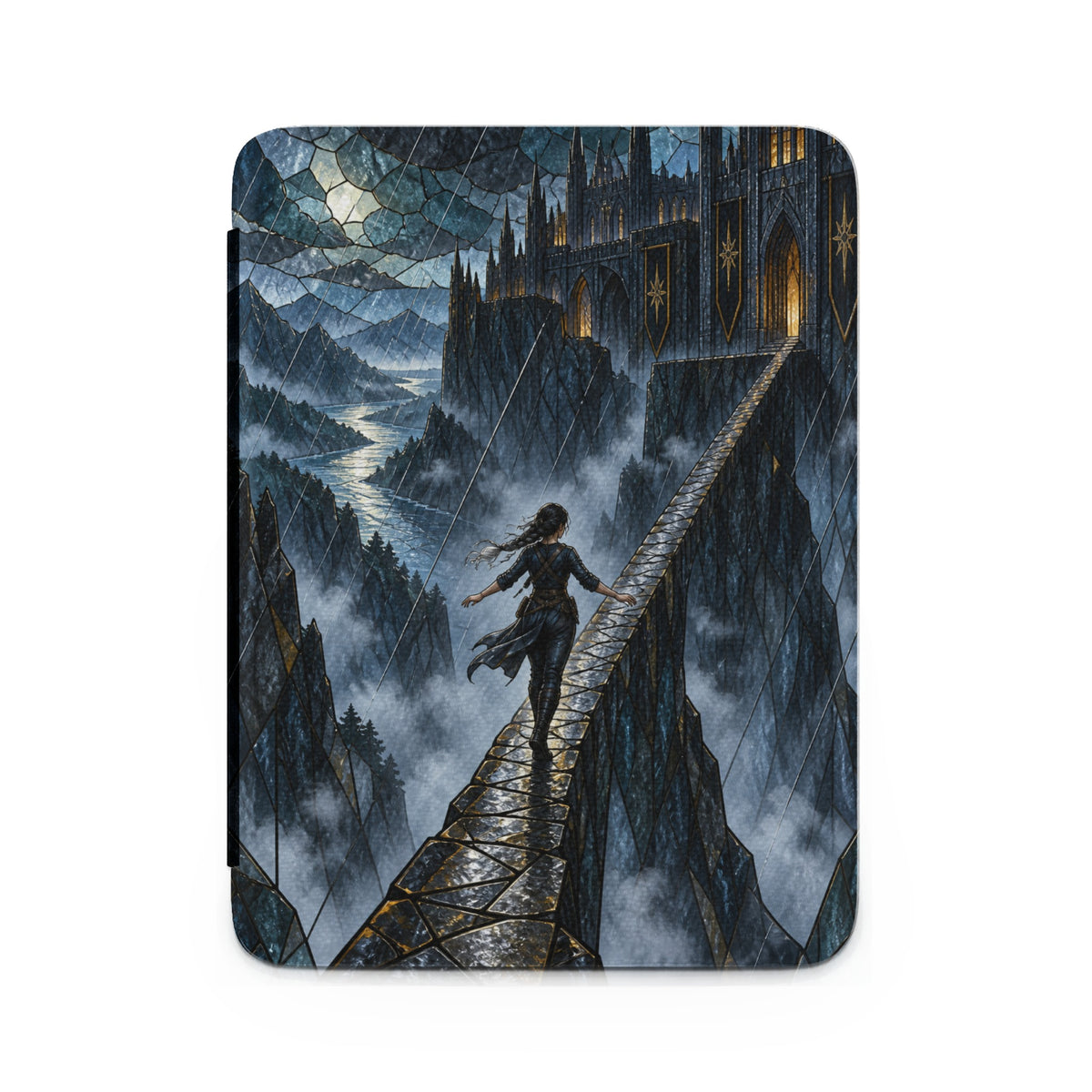 Woman walks on a stone bridge toward a castle with banners, a river and mountains below.
