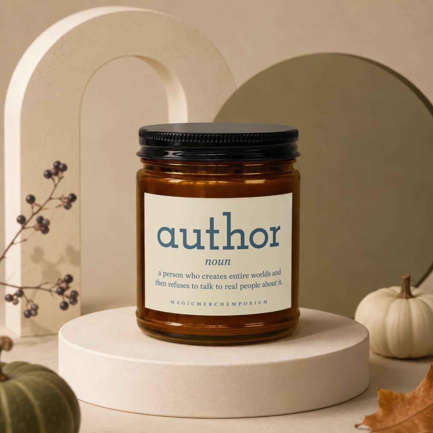Brown glass candle labeled "author" with definition and "MAGICMERCHEMPORIUM".