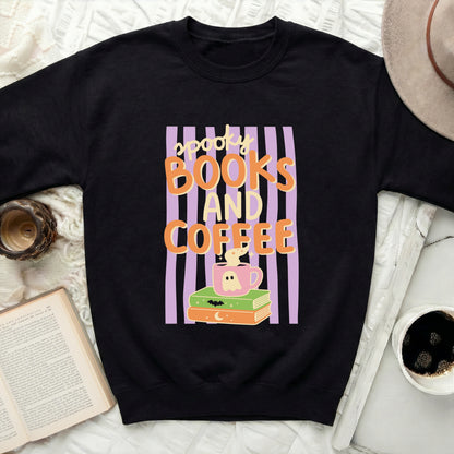 Black sweatshirt with spooky books and coffee Halloween graphic.