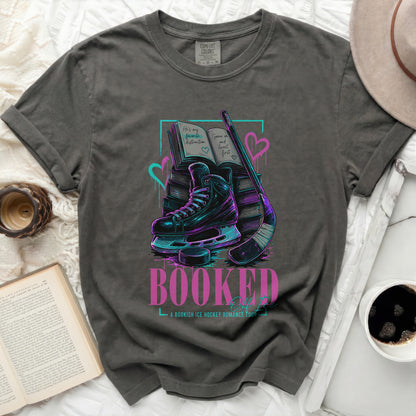 Booked: A bookish ice hockey romance tour t-shirt.