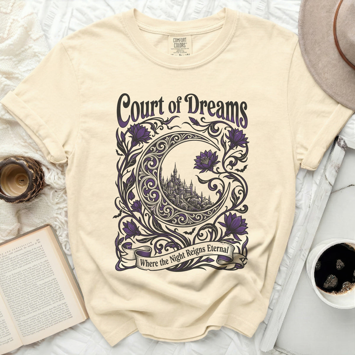 Cream t-shirt with "Court of Dreams" and castle graphic.