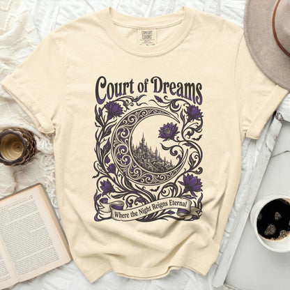 Cream t-shirt with "Court of Dreams" and castle graphic.