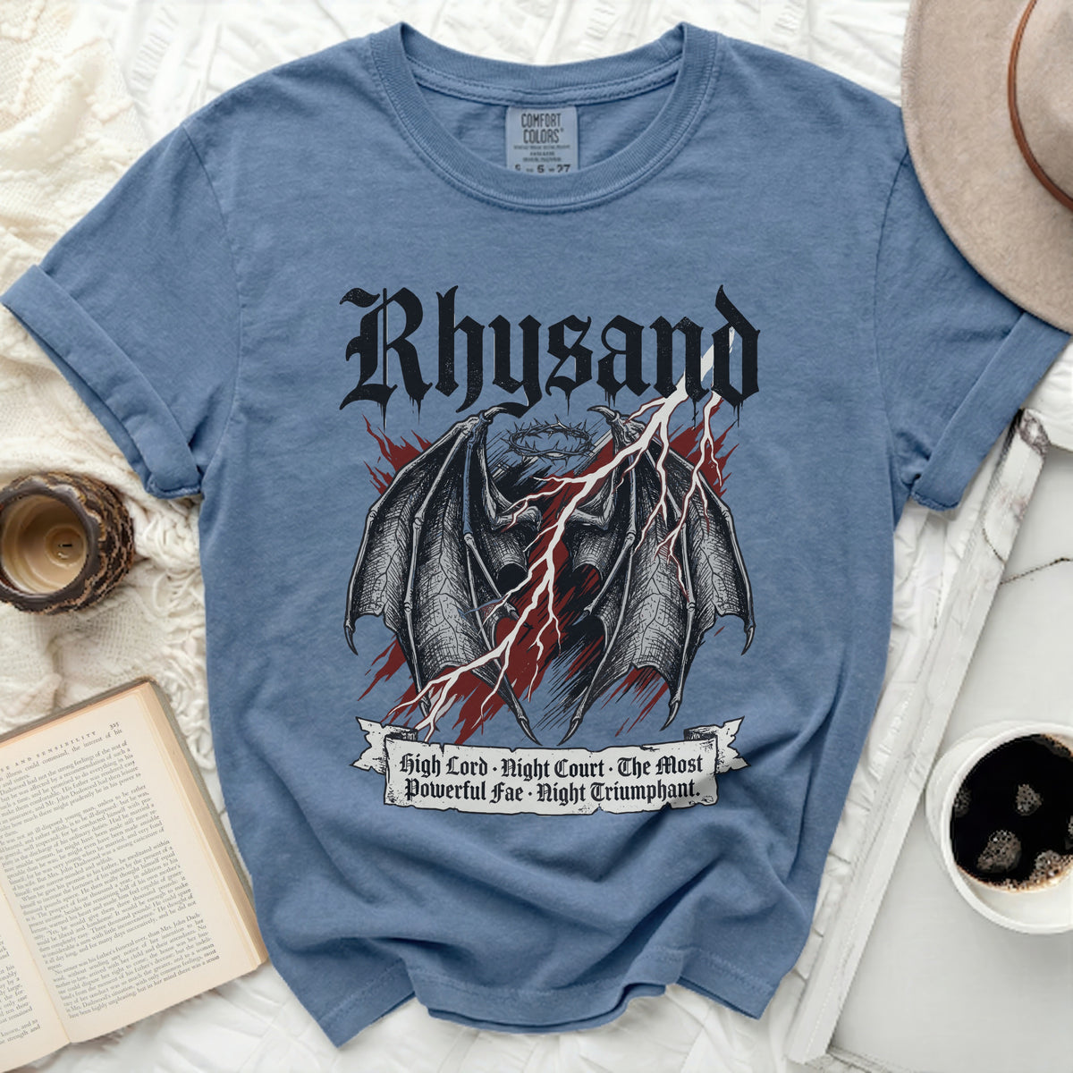 Blue t-shirt with Rhysand, dragon wings, crown, and lightning graphic.