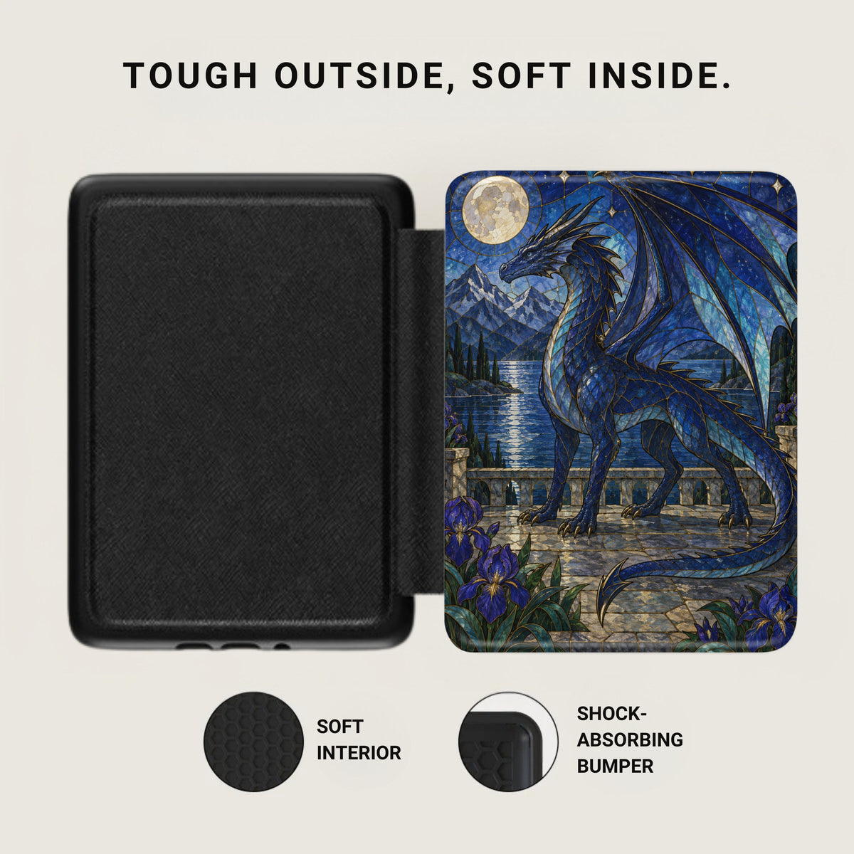 Black case with a stained glass dragon design; "Tough outside, soft inside."