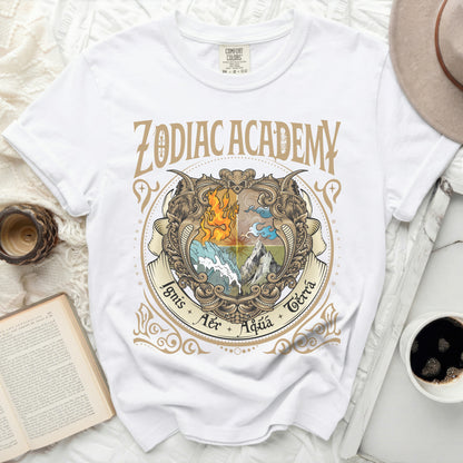 White t-shirt with "Zodiac Academy" and four elements emblem.