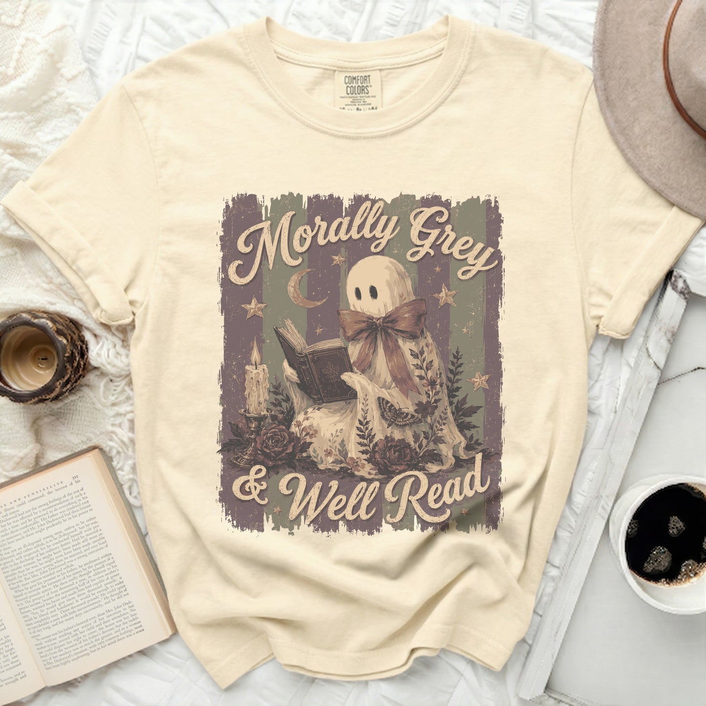 Ghost reading book with text "Morally Grey & Well Read".