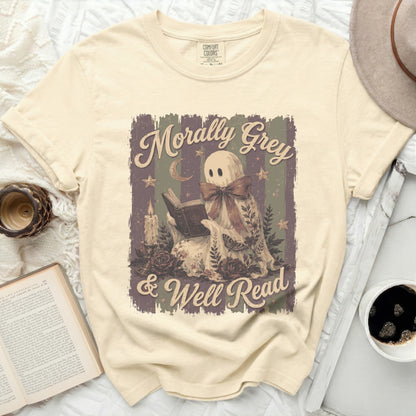 Ghost reading book with text "Morally Grey & Well Read".