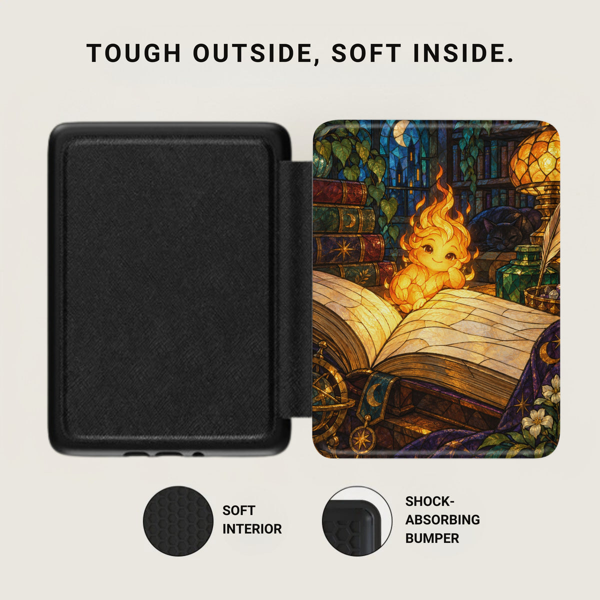 Black case with stained glass art featuring a fire elemental and a cat.