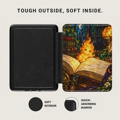 Black case with stained glass art featuring a fire elemental and a cat.