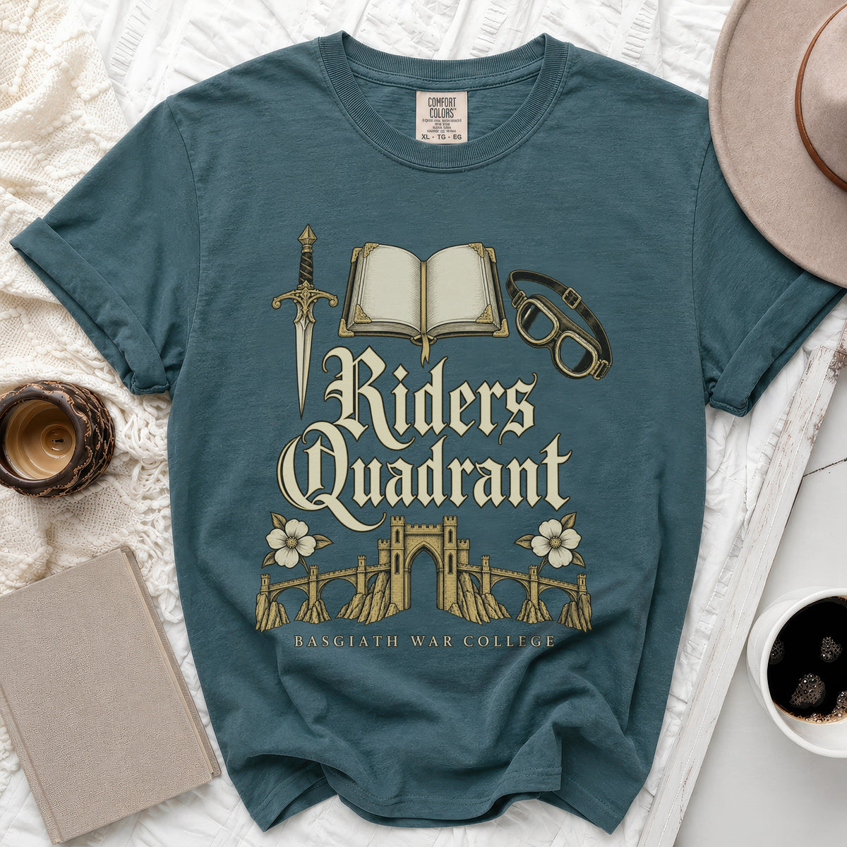 Teal t-shirt with Riders Quadrant and Basgiath War College text and graphics.