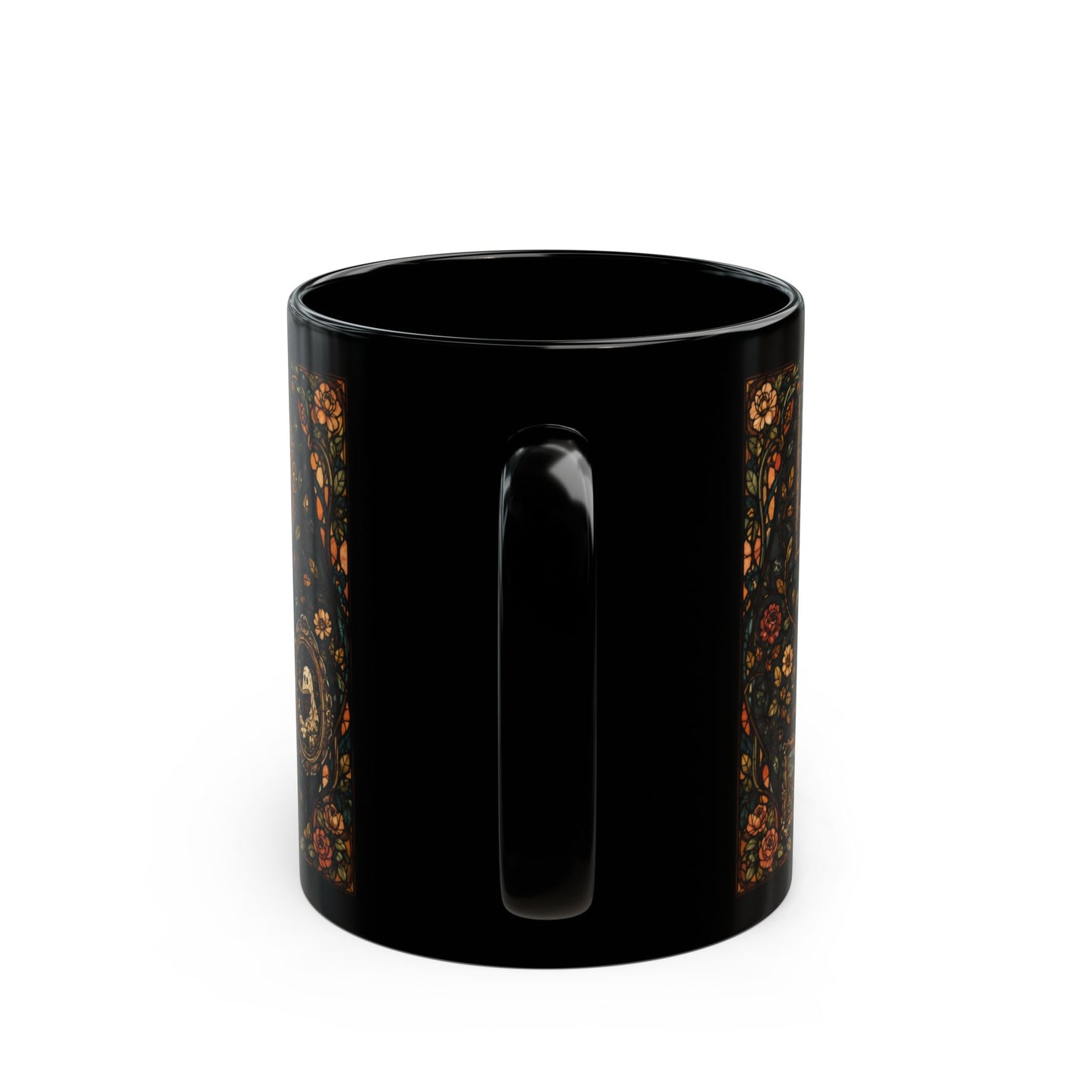 Black mug with decorative floral band on the sides.