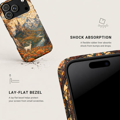 An angled smartphone case with a stained glass landscape design highlights shock absorption and a lay-flat bezel.