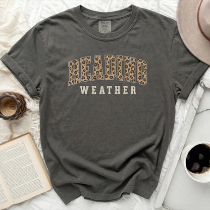 Gray t-shirt with "Reading Weather" text in leopard print letters.