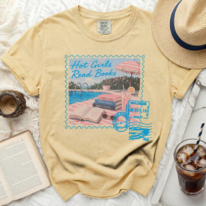 Yellow t-shirt with "Hot Girls Read Books" stamp graphic and poolside illustration.