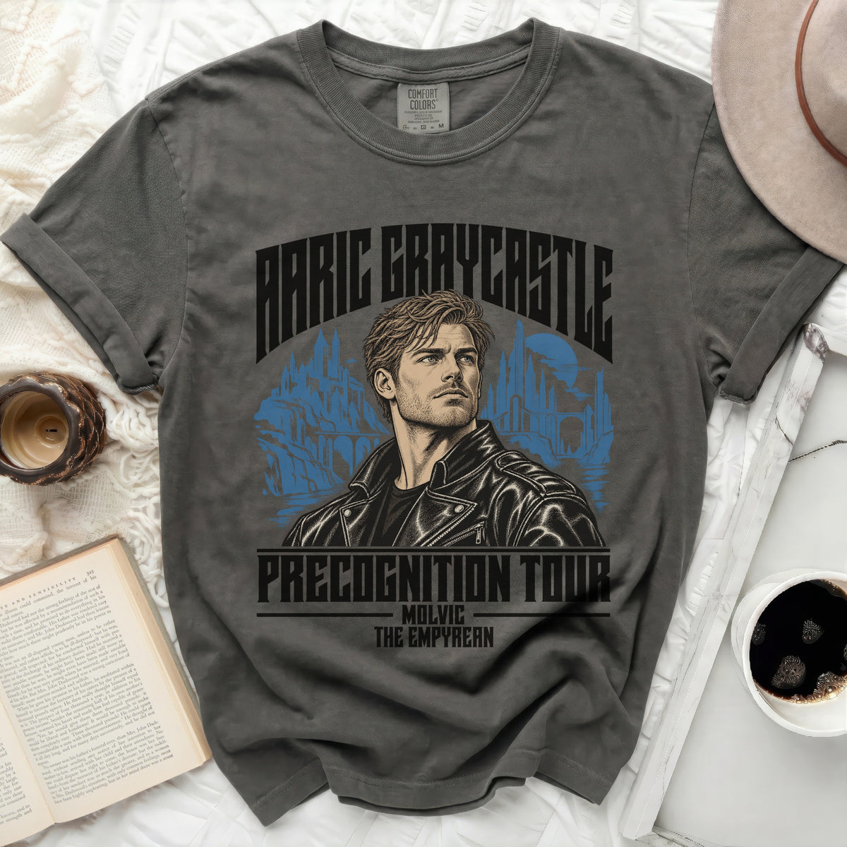 Dark grey t-shirt with "Aarig Graycastle Precognition Tour Molvic The Empyrean" graphic.