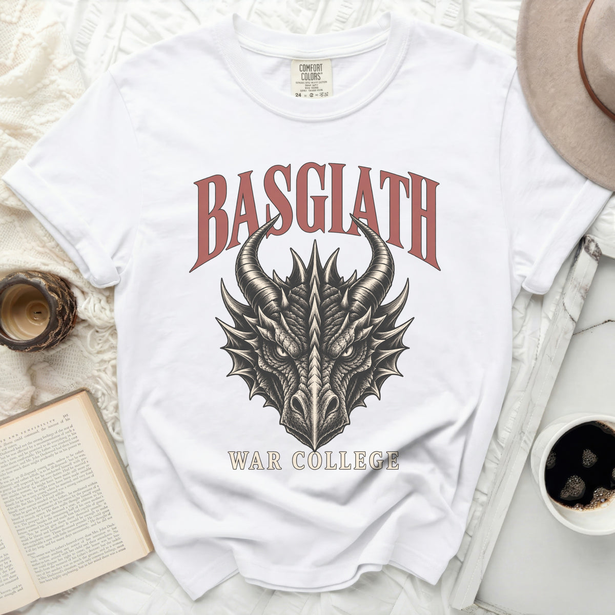 White t-shirt with "BASGIATH WAR COLLEGE" text and dragon graphic.
