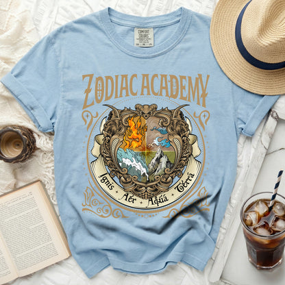 Light blue t-shirt with "Zodiac Academy" and elemental crest design.