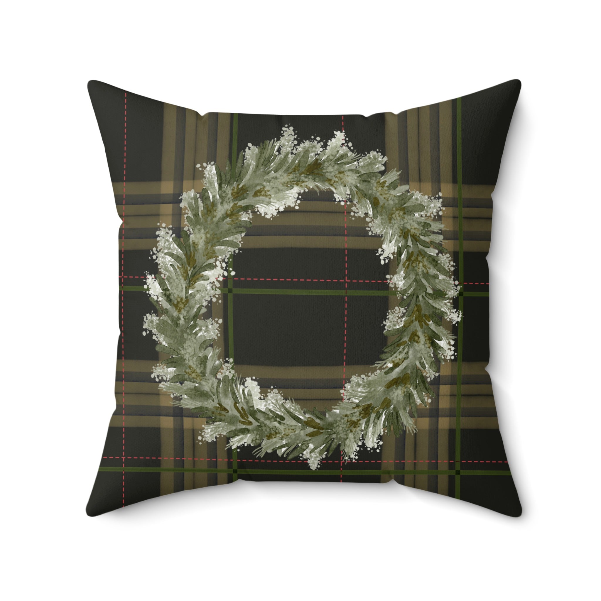 Holiday Plaid Throw Pillow with Winter Wreath