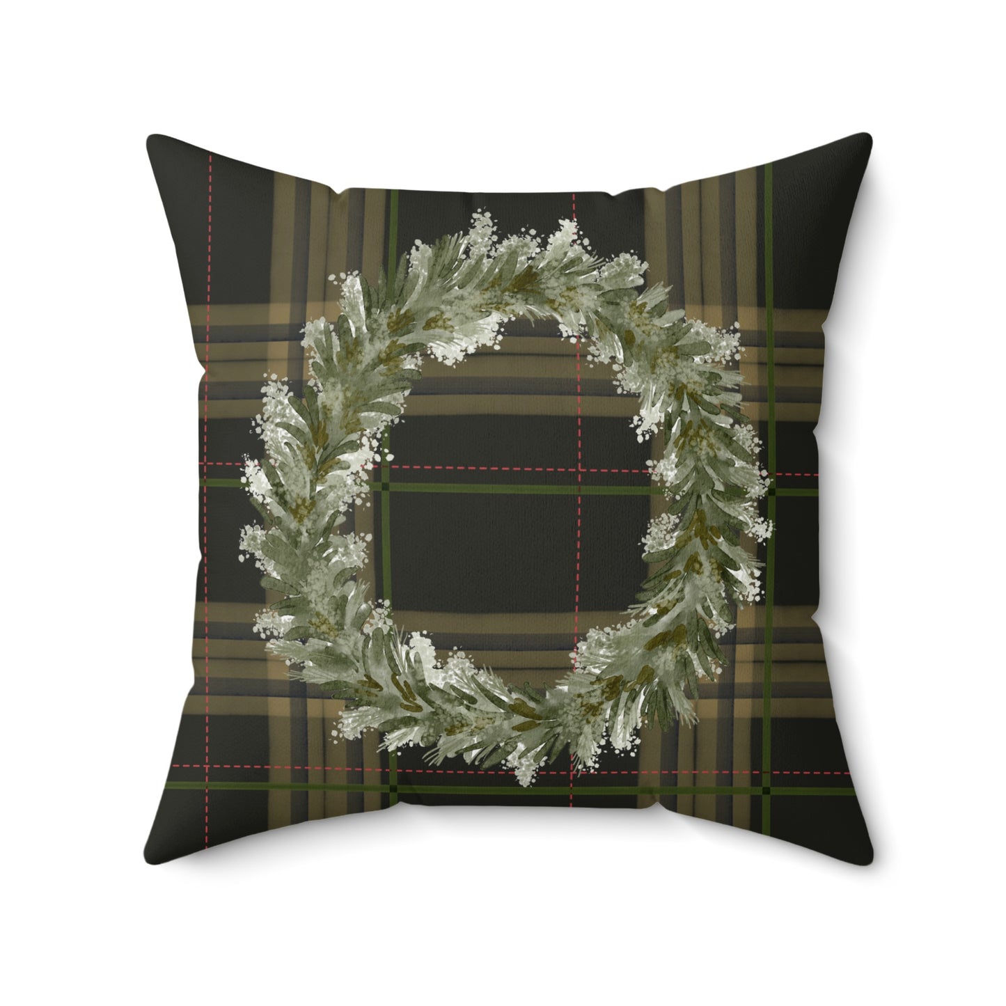 Holiday Plaid Throw Pillow with Winter Wreath