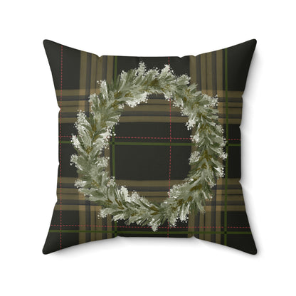 Holiday Plaid Throw Pillow with Winter Wreath