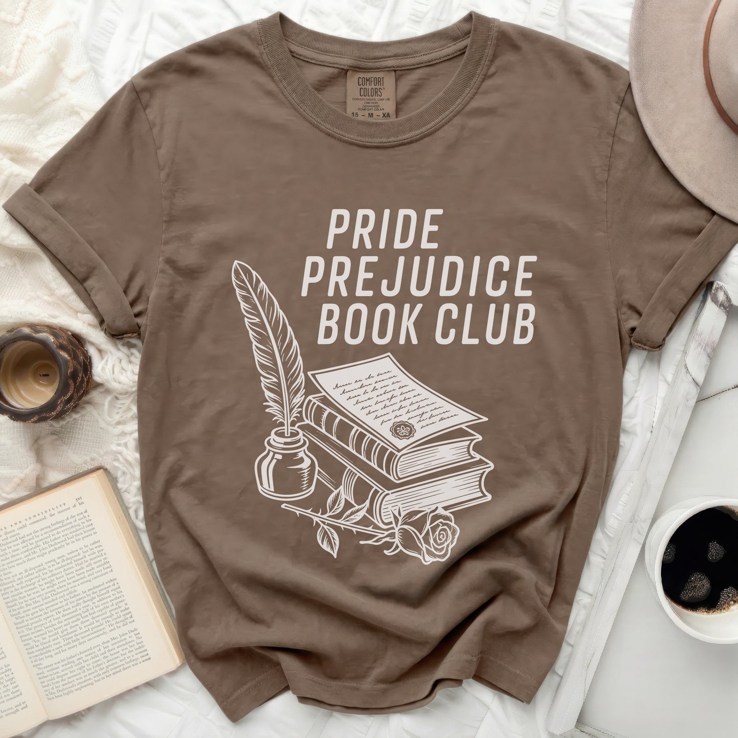 Brown Comfort Colors t-shirt with white "Pride Prejudice Book Club" text and vintage illustration.
