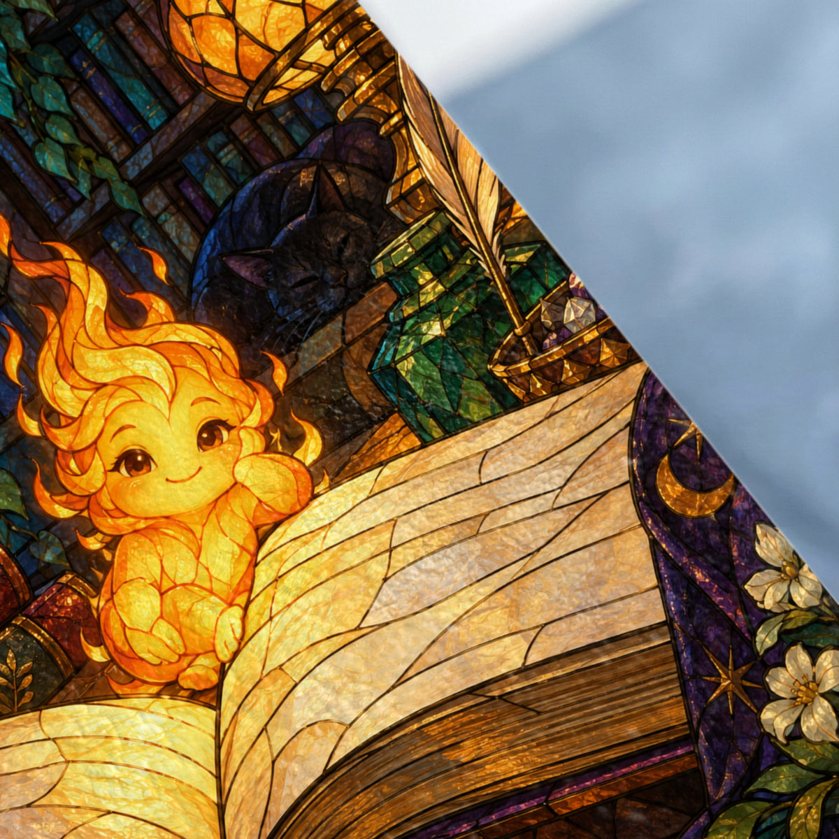 Stained glass art of a fire spirit reading an open book with a black cat and quill pen.