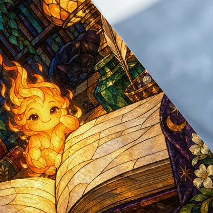 Stained glass art of a fire spirit reading an open book with a black cat and quill pen.