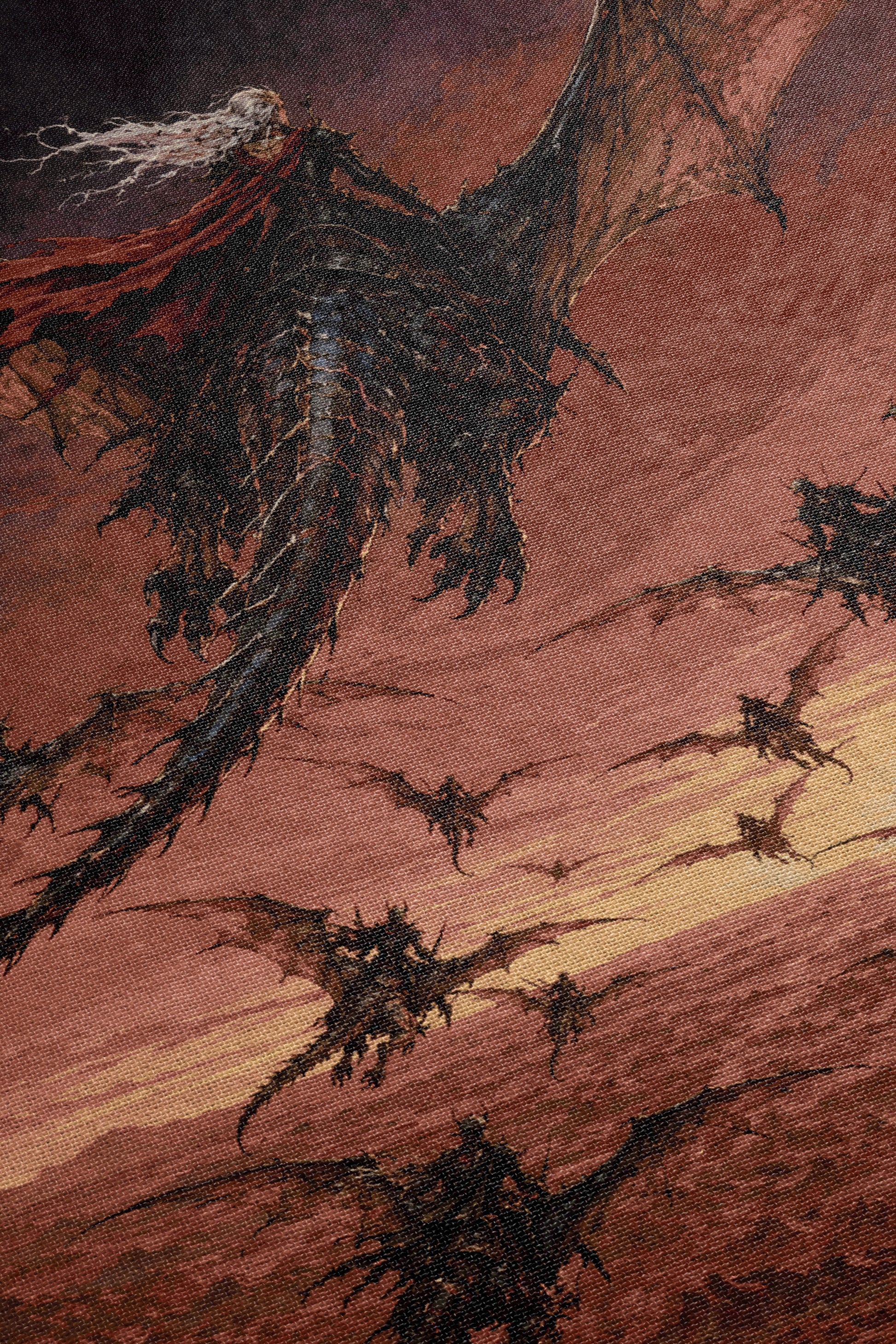 a large, menacing dragon soaring through a fiery red sky, surrounded by smaller dragons.