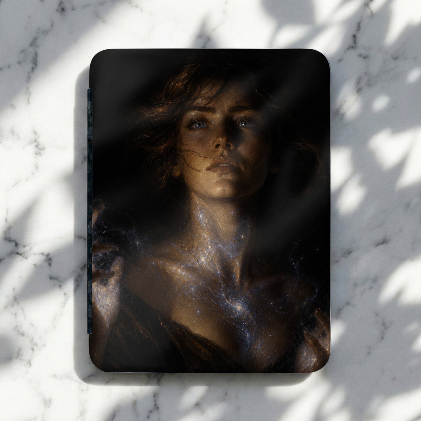 Digital art of a woman's face with celestial patterns across her neck and chest.