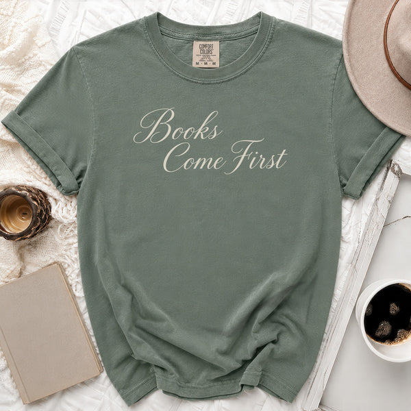 Books Come First Tee in Moss