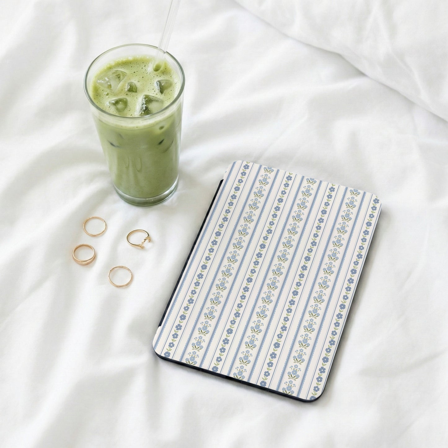 Elegant Blue Floral Pattern Striped Tablet Cover