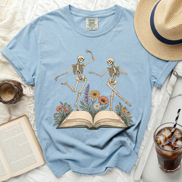 Dancing Skeleton Book Tee in Chambray