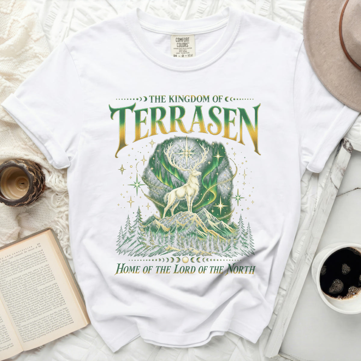 White t-shirt with "The Kingdom of Terrasen, Home of the Lord of the North" and a stag illustration.